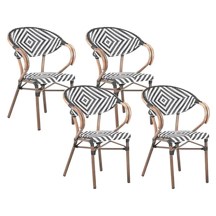 4er-Set Gartenstuhl CASPRI in Schwarz/Weiß/Braun -  - Vier Bistrostühle mit schwarz-weißem Rautenmuster aus Geflecht auf Sitz und Rückenlehne und hellbraunen Metallrahmen.