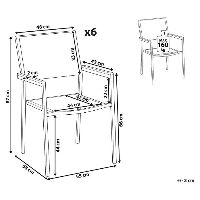 6er-Set Gartenstuhl GROSSETO in Weiß/Silber/Braun -  - Stapelbarer Gartenstuhl mit Armlehnen, 87cm hoch, 58cm tief, 55cm breit, Sitzhöhe 44cm, max. 160kg.