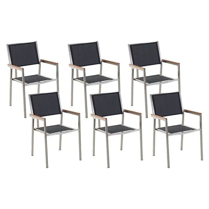 6er-Set Gartenstuhl GROSSETO in Schwarz/Silber/Braun -  - Sechs stapelbare Gartenstühle mit Edelstahlgestell, dunkelgrauem Textilgewebe und Holzarmlehnen.