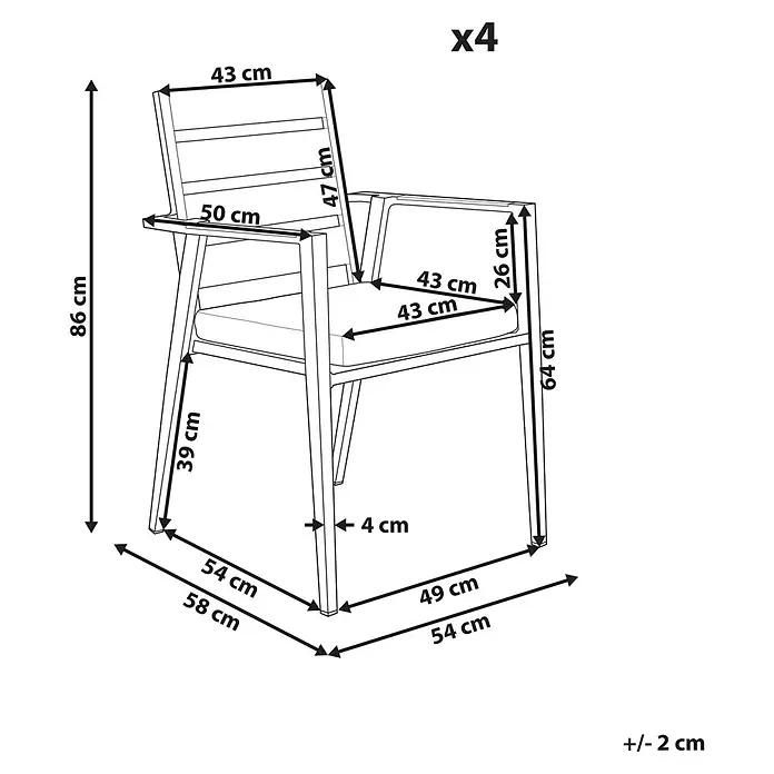 8er-Set Gartenstuhl TAVIANO in Weiß/Grau/Braun -  - Ein Stuhl mit Armlehnen, dargestellt mit detaillierten Maßen für Höhe, Breite und Tiefe.