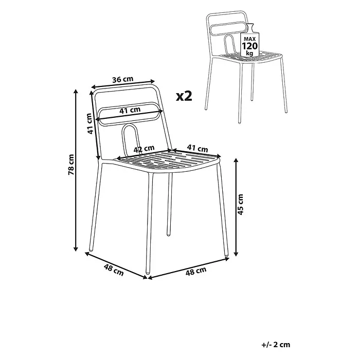 2er-Set Gartenstuhl AGEROLA in Grün -  - Zwei Metallstühle mit Lattenrostsitzen und -lehnen, zeigen Maße und eine max. Belastung von 120 kg.