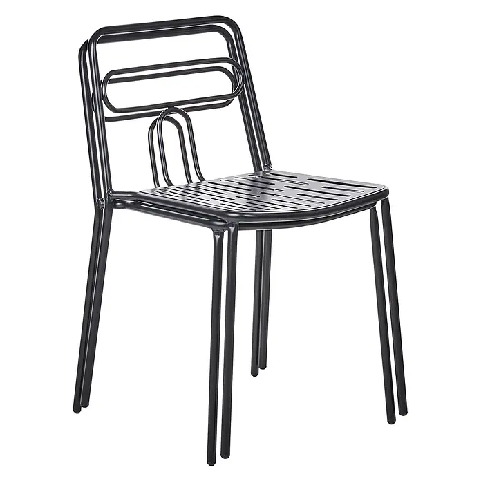 2er-Set Gartenstuhl AGEROLA in Schwarz -  - Stapelbarer schwarzer Metallstuhl mit Lattenrostsitz und geschwungener Rückenlehne aus Röhren.