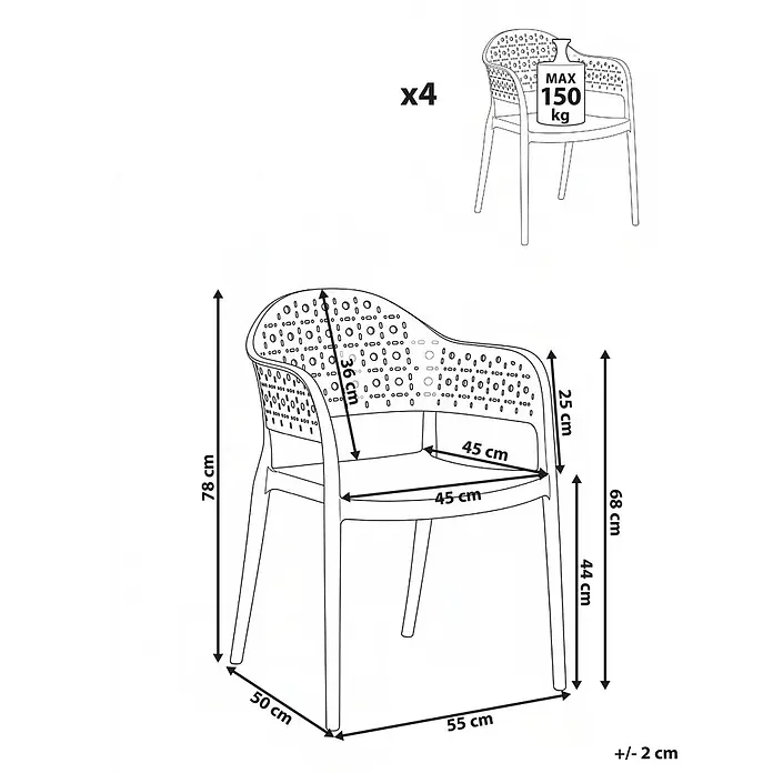 4er-Set Esszimmerstuhl NARINO in Grün -  - Strichzeichnung eines Armlehnstuhls mit Maßen (H 78cm, B 55cm, T 50cm) und 150kg max. Gewicht. Verkauft als 4er-Set.