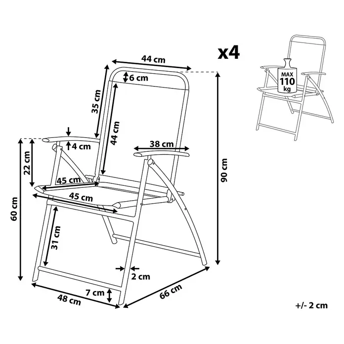 4er-Set Gartenstuhl LIVO in Schwarz -  - Klappstuhl mit Armlehnen, Maße 90x48x66 cm (HxBxT), 31 cm Sitzhöhe, 110 kg max. Belastung. 4er-Set Stühle.