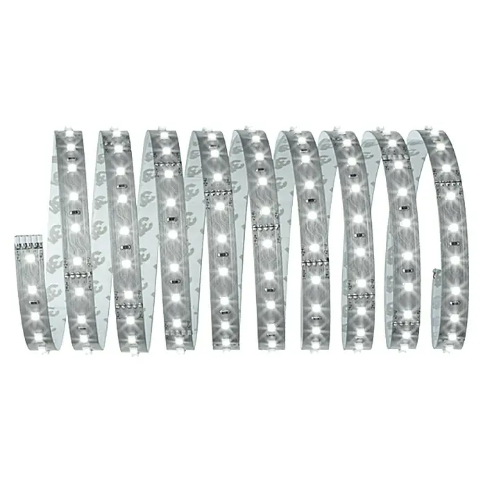 Paulmann MaxLED 500 Tira LED MaxLED Kit 500 - Largo: 3 m, Color de luz: Blanco diurno, 17 W, 1.650 lm - Primer plano de una tira de luz LED flexible que emite un brillo blanco brillante, dispuesta en un patrón curvo. Ideal para soluciones de iluminación modernas.