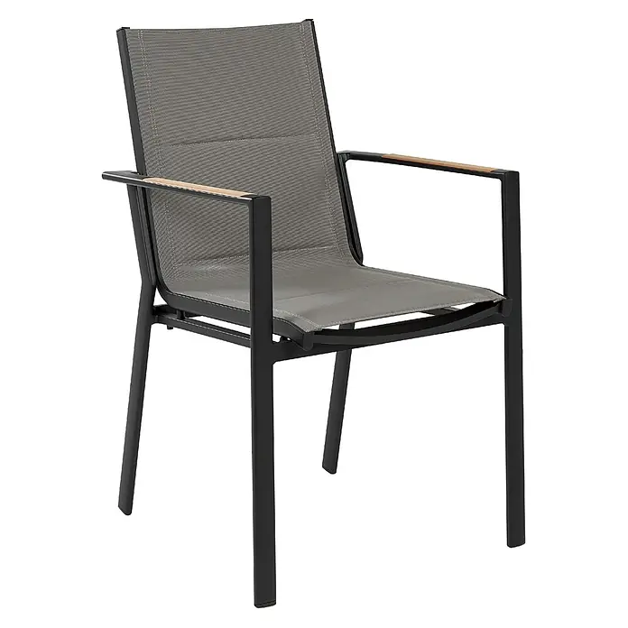 4-tlg Gartenstuhl BUSSETO in Schwarz/Grau/Braun -  - Outdoor-Esszimmerstuhl mit schwarzem Metallrahmen, grauer Netzstoff-Sitzfläche und Rückenlehne sowie hellen Holzarmlehnen.