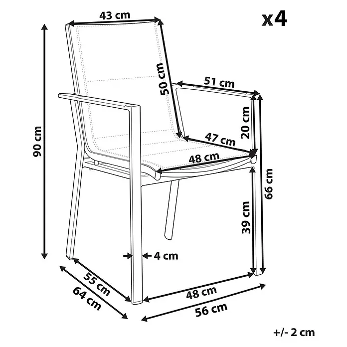 4-tlg Gartenstuhl BUSSETO in Schwarz/Grau/Braun -  - Strichzeichnung eines Stuhls mit detaillierten Maßen für Sitzfläche, Rückenlehne und Gesamtgröße.
