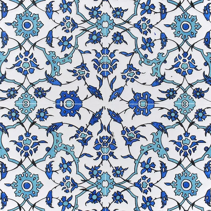 2er-Set Gartenstuhl CHAPECO in Schwarz/Blau/Weiß -  - Nahtlose Keramikfliese mit komplexen blauen und türkisfarbenen Blumen- und Rankenmustern.