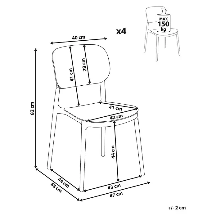 4er-Set Gartenstuhl TUPIZA in Grün -  - Esszimmerstuhl mit Gesamtmaßen 82x48x47 cm, Sitzhöhe 44 cm. Er trägt bis zu 150 kg und wird im 4er-Pack verkauft.