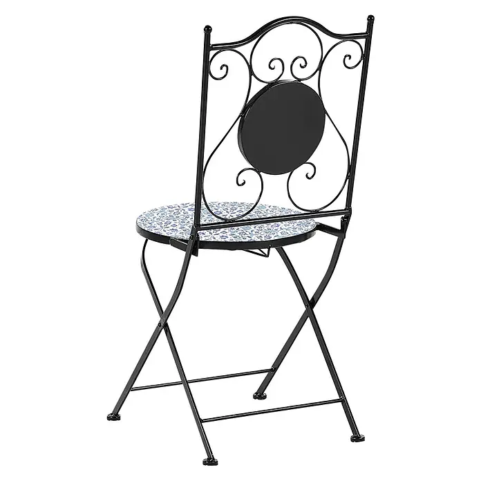 2er-Set Gartenstuhl CHAPECO in Schwarz/Blau/Weiß -  - Schwarzer Metallklappstuhl mit verziertem Rücken und blau-weißem Mosaiksitz.