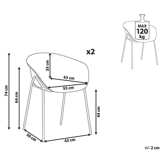 2er-Set Esszimmerstuhl METEORA in Braun/Schwarz -  - Strichzeichnung eines Stuhls mit Maßen: Gesamthöhe 74cm, Sitzhöhe 44cm, Breite 55cm, Tiefe 50cm, max. Belastung 120kg. Im Zweier-Set erhältlich.