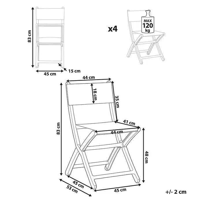 4er-Set Gartenstuhl TALCA in Rot -  - Set aus 4 Klappstühlen mit Maßen: 83 cm hoch (aufgeklappt), 48 cm Sitzhöhe, 44x41 cm Sitzfläche, 120 kg max. Belastung. Zusammengeklappt: 83x45x15 cm.