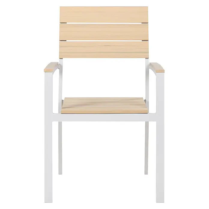 6er-Set Gartenstuhl COMO in Beige/Weiß -  - Stuhl mit weißem Metallrahmen und heller Holzlattenlehne, Sitzfläche und Armlehnen.