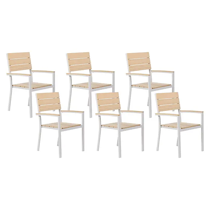 6er-Set Gartenstuhl COMO in Beige/Weiß -  - Sechs Sessel mit weißen Gestellen und hellen Holzlatten an Sitzfläche und Rückenlehne.