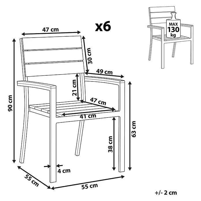 6er-Set Gartenstuhl COMO in Beige/Weiß -  - Umrisszeichnung eines Stuhls mit Armlehnen, Lattenrücken und -sitz, mit Maßen und einer max. Belastung von 130 kg. Im 6er-Set.