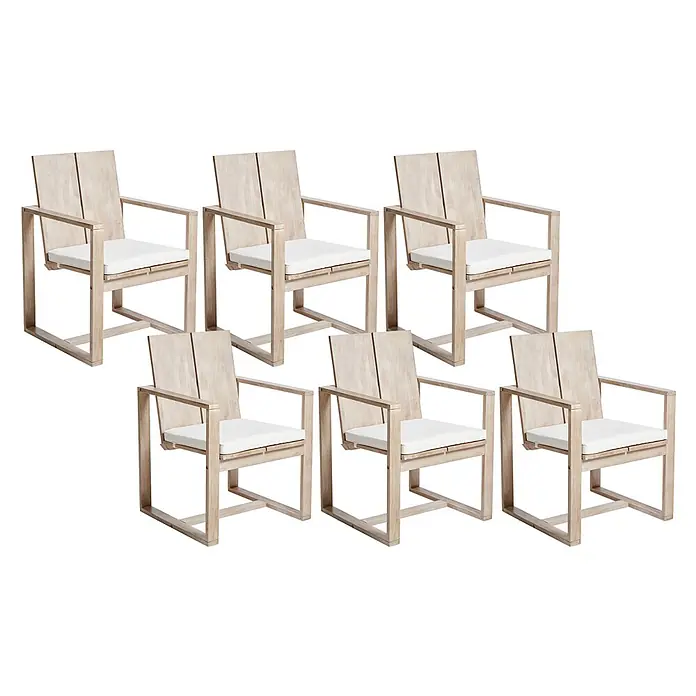 Beliani Gartenstuhl-Set AZZANELLO - 6 Stk., Akazienholz, Braun, B x T x H: 63 x 61 x 90 cm - Sechs moderne Armlehnstühle aus hellem Holz mit weißen Sitzkissen.