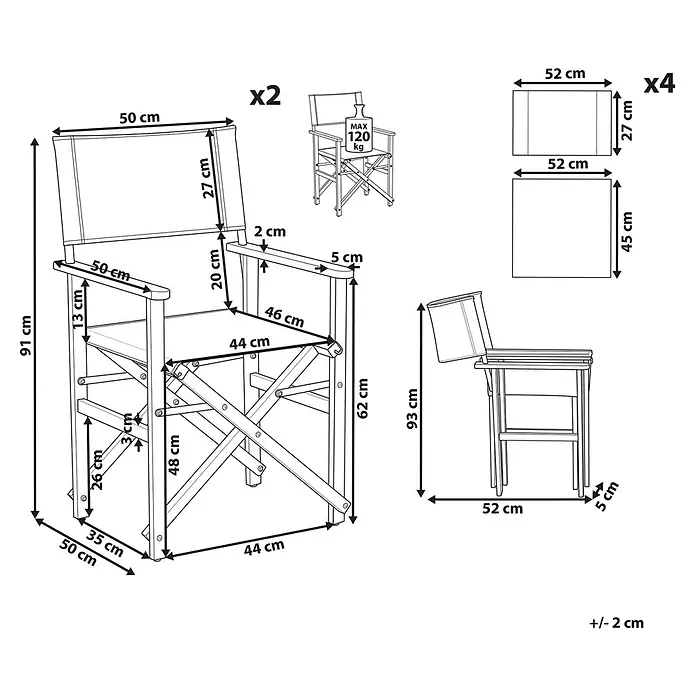 6er-Set Gartenstuhl CINE in Bunt/Grün/Orange -  - Detaillierte Ansicht eines klappbaren Holz-Regiestuhls mit weißem Stoff, zeigt Maße für geöffneten und gefalteten Zustand sowie max. Belastung von 120 kg.