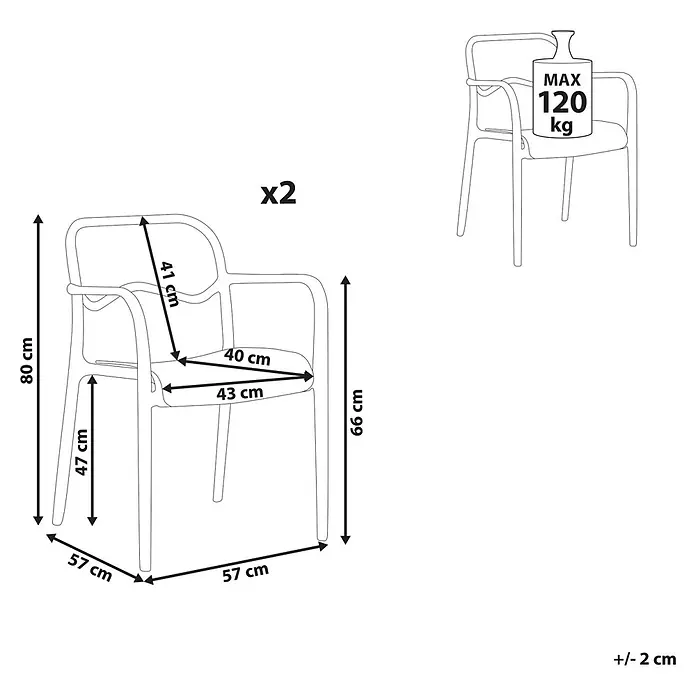 2er-Set Gartenstuhl THASOS in Grün/Braun -  - 2 Stühle mit Armlehnen: Gesamthöhe 80cm, Sitzhöhe 47cm, Breite/Tiefe 57cm, max. Belastung 120kg pro Stuhl.