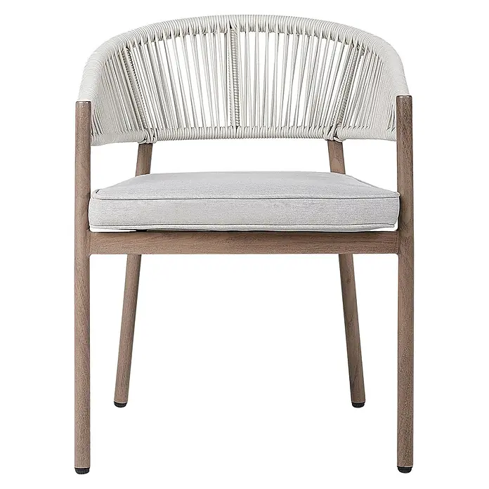 12er-Set Gartenstuhl FLAVIA in Braun/Beige -  - Heller Holzstuhl mit heller geflochtener Seillehne und hellgrauem Stoff-Sitzkissen.