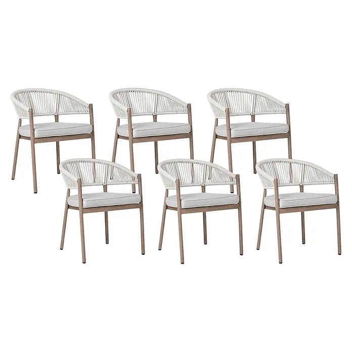 12er-Set Gartenstuhl FLAVIA in Braun/Beige -  - Sechs moderne Outdoor-Esszimmerstühle mit hellen Holzoptik-Gestellen, weißen Seildetails und hellgrauen Kissen.