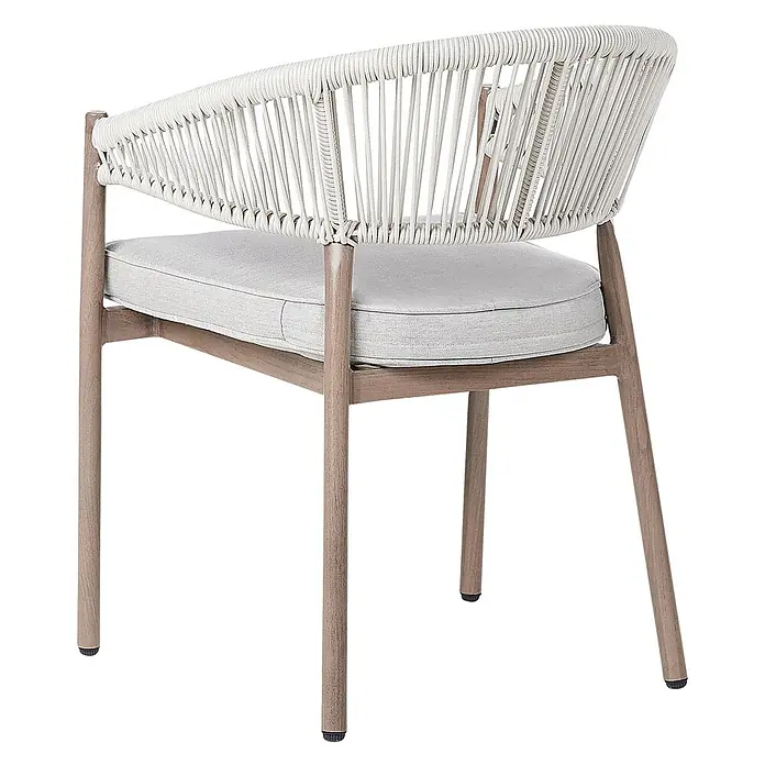 12er-Set Gartenstuhl FLAVIA in Braun/Beige -  - Stuhl mit hellem Holzrahmen, hellgrauer geflochtener Seil-Rückenlehne und Armlehnen sowie hellgrauem Sitzkissen.
