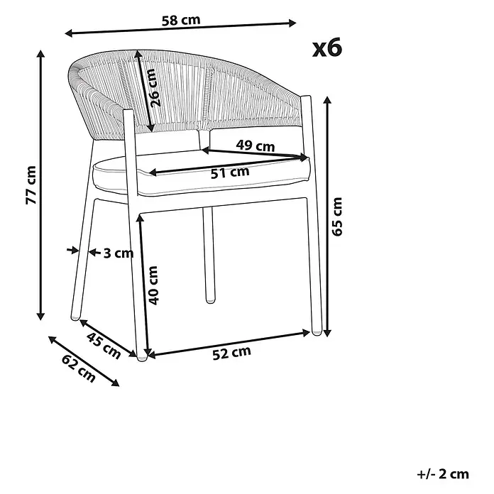 12er-Set Gartenstuhl FLAVIA in Braun/Beige -  - Illustration eines Sessels mit geflochtener Rückenlehne und Sitzfläche, mit Maßen. Im 6er-Set erhältlich.