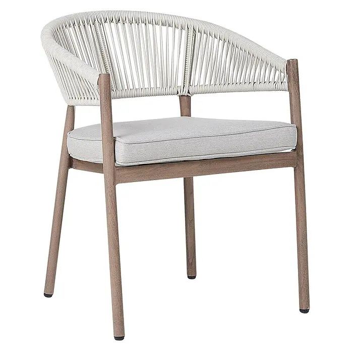 12er-Set Gartenstuhl FLAVIA in Braun/Beige -  - Holz-Sessel mit heller geflochtener Seil-Rückenlehne und Armlehnen sowie hellem Sitzkissen.