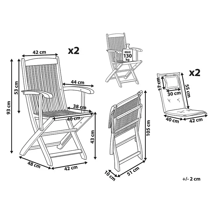 4-tlg Gartenstuhl MAUI in Braun/Blau -  - Set von 2 klappbaren Holz-Gartenstühlen mit Kissen, zeigt Abmessungen und max. 130 kg Belastbarkeit.
