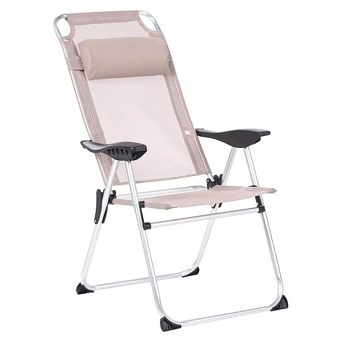 2er-Set Gartenstuhl ASINE in Beige/Schwarz -  - Beiger Stoff-Klappliegestuhl mit silbernem Gestell und schwarzen Armlehnen, mit verstellbarem Kopfkissen.
