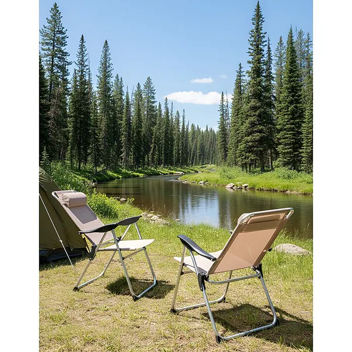 2er-Set Gartenstuhl ASINE in Beige/Schwarz -  - Zwei beigefarbene und silberne Campingstühle stehen neben einem Zelt an einem Fluss im Wald.