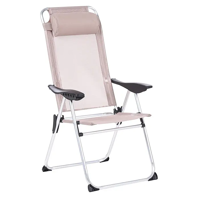 2er-Set Gartenstuhl ASINE in Beige/Schwarz -  - Klappbarer beiger Outdoor-Stuhl aus Netzgewebe mit silbernem Aluminiumrahmen, schwarzen Armlehnen und Kopfstütze.
