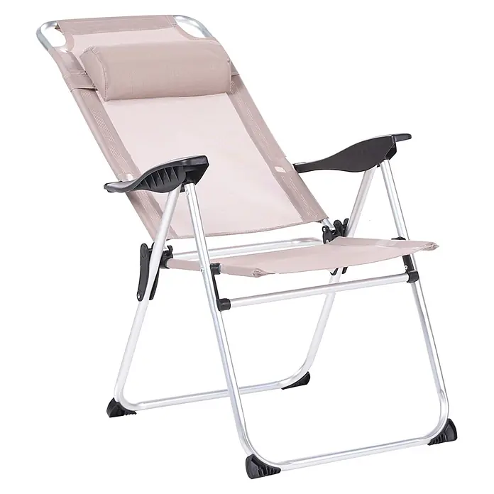 2er-Set Gartenstuhl ASINE in Beige/Schwarz -  - Beiger Liege-Campingstuhl aus Netzstoff mit silbernem Gestell, schwarzen Armlehnen und Kopfstütze.