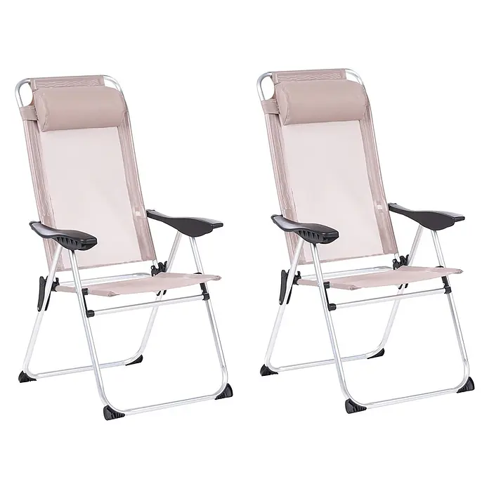 2er-Set Gartenstuhl ASINE in Beige/Schwarz -  - Zwei beigefarbene Textil-Liegestühle mit silbernen Metallgestellen und schwarzen Armlehnen. Sie sind klappbar.