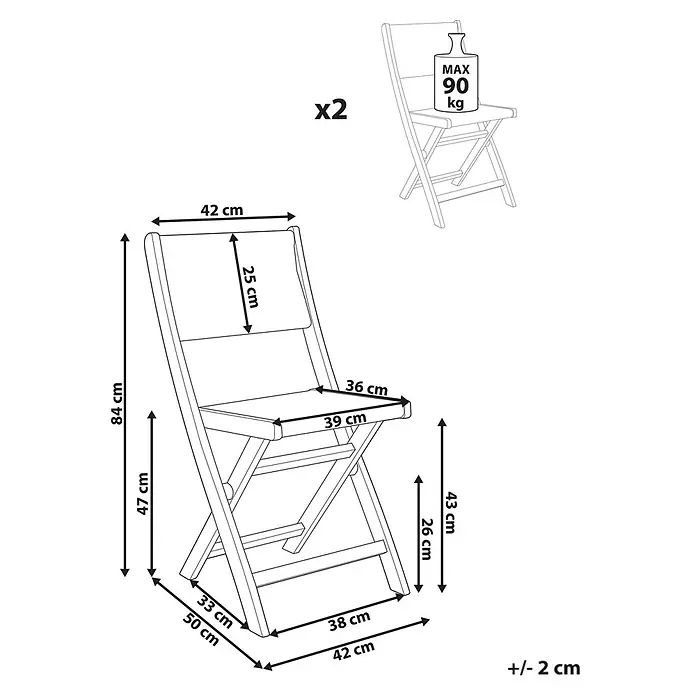 Beliani Gartenstuhl-Set PROSSEDI - 2 Stk., Akazienholz, Klappbar, Beige, B x T x H: 42 x 50 x 84 cm - Hölzerner Klappstuhl mit Maßen, max. 90 kg Belastung, im 2er-Set erhältlich.