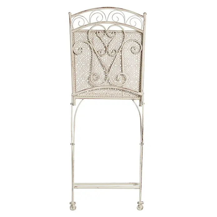 2er-Set Gartenstuhl JUINA in Beige -  - Antikweißer, klappbarer Metallständer mit verschnörkelten Verzierungen und gemusterter Rückwand.
