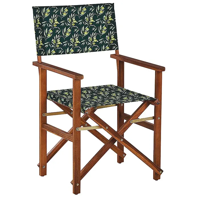 6er-Set Gartenstuhl CINE in Grün/Weiß/Braun -  - Klappbarer Regiestuhl aus Holz mit dunkelgrünem Stoffbezug und hellem Olivenzweigmuster.