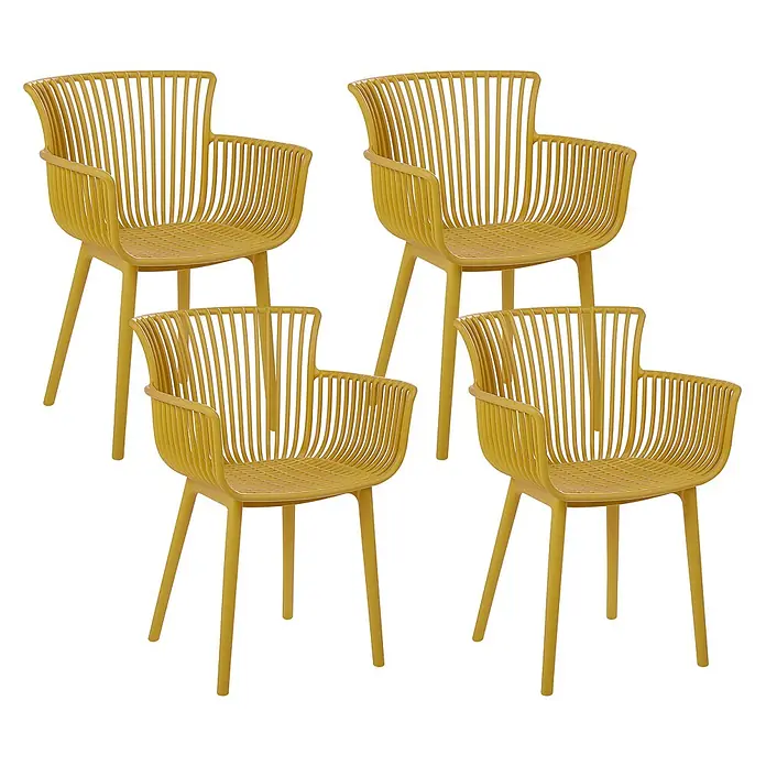 4er-Set Esszimmerstuhl PESARO in Gelb -  - Vier moderne gelbe Plastikstühle mit Lattenrückenlehnen und Armlehnen.