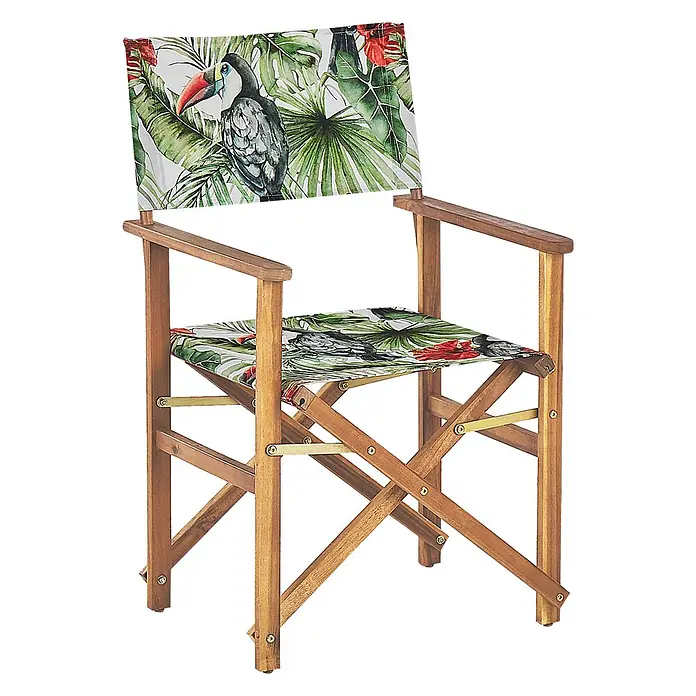 6er-Set Gartenstuhl CINE in Grün/Bunt/Grün -  - Hölzerner Regiestuhl mit tropischem Stoffbezug, Tukan- und Blättermuster auf Sitz und Rückenlehne.