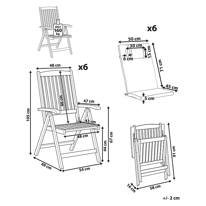 Gartenstuhl 6er Set mit Auflagen Hellbraun u. Blau Akazienholz Verstellbar Klappbar UV-Beständig Rustikal Landhaus Stil Balkon Terrasse Möbel -  - Set aus 6 klappbaren Holzstühlen mit Kissen, Maße für aufgeklappt, zusammengeklappt und Kissenansichten. Max. Last 160 kg.