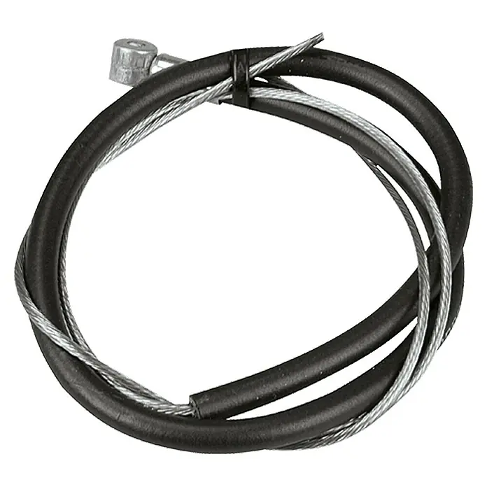 Shimano Bremszug-Set - 800 mm, Geeignet für: Vorderräder - Nahaufnahme eines Fahrradbremskabels mit schwarzer Ummantelung und silberfarbenem Zug, das auf einem weißen Hintergrund liegt.