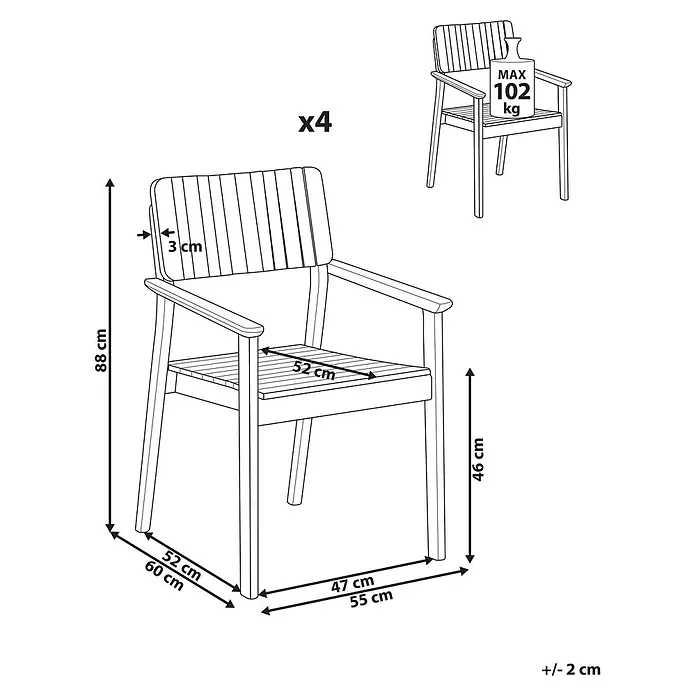 Beliani Gartenstuhl-Set AGELLO - 4 Stk., Akazienholz, Braun, B x T x H: 55 x 60 x 88 cm - 4er-Set Holzstühle: H88xW60xT55 cm, Sitzhöhe 46 cm, max. Belastung 102 kg.