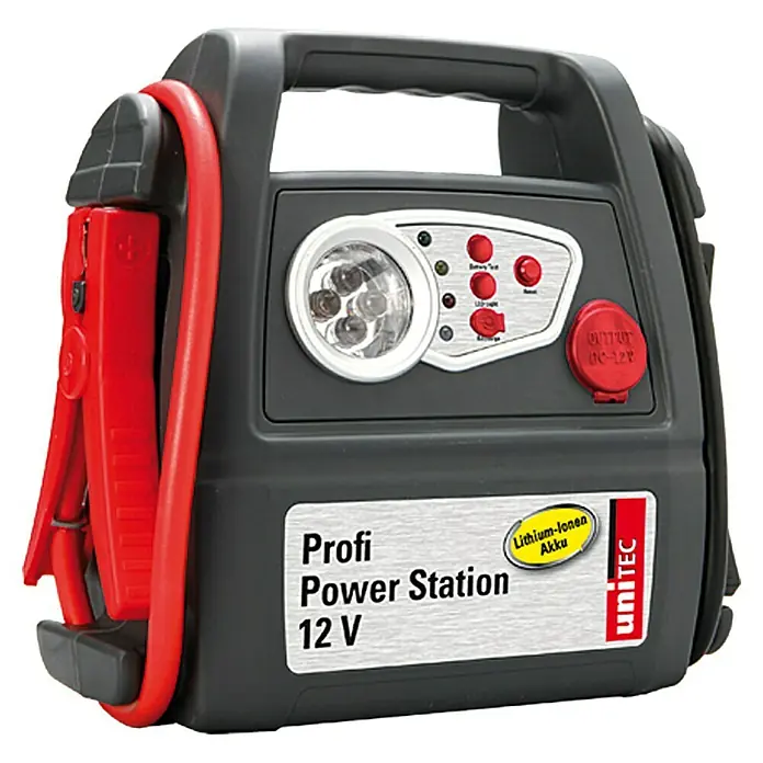 UniTEC Energiestation - Ausgangsspannung: 12 V, Akkutyp: Li-Ionen - Profi Power Station 12 V: Eine tragbare Starthilfe mit Lithium-Ionen-Akku, ideal für unterwegs, mit integrierter Lampe und rotem Anschlusskabel.