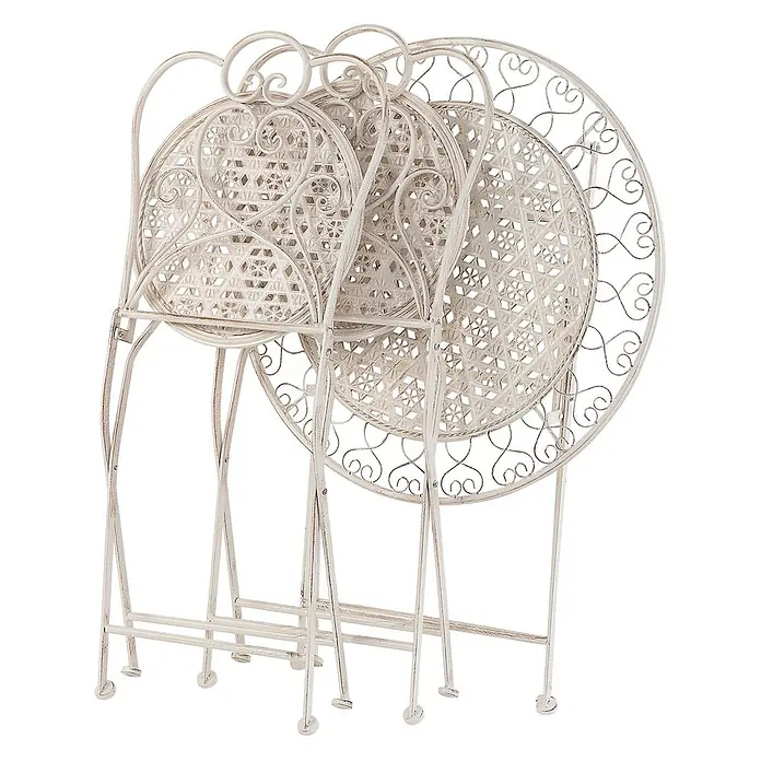 2er-Set Gartenstuhl TRIESTE in Beige -  - Gestapelte weiße Metall-Bistrostühle und Tisch mit antikem Finish und verschnörkelten Details.