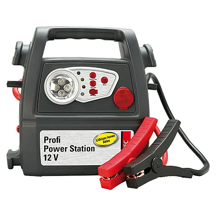 UniTEC Energiestation - Ausgangsspannung: 12 V, Akkutyp: Li-Ionen - Abbildung einer Profi Power Station 12 V mit Starthilfekabeln, ideal für unterwegs. Mit LED-Leuchte und Lithium-Ionen-Akku.