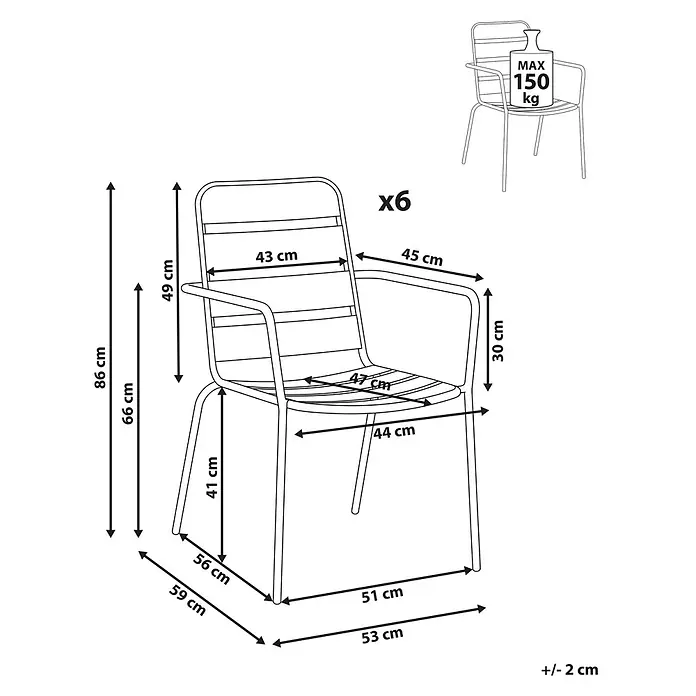 Beliani Gartenstuhl-Set TERENZO - 6 Stk., Eisen, Grün, B x T x H: 53 x 59 x 86 cm - Set aus 6 Stühlen. Technische Zeichnung mit Maßen und max. Belastung von 150 kg.