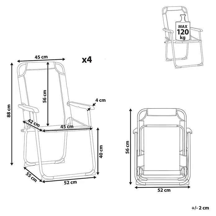 4er-Set Gartenstuhl GALATSI in Grau/Schwarz -  - Detaillierte Maße eines Klappstuhls, erhältlich im 4er-Set. Aufgeklappt: 88x55x52 cm, zusammengeklappt: 56x52 cm, mit einer max. Belastung von 120 kg.