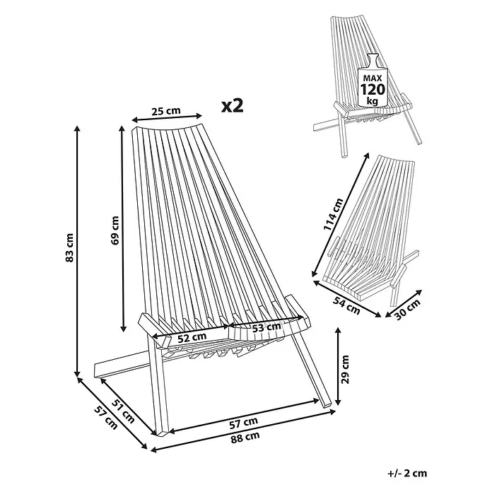 Beliani Gartenstuhl-Set BELLANO - 2 Stk., Akazienholz, Klappbar, Braun, B x T x H: 88 x 57 x 83 cm - Hölzerner Latten-Liegestuhl mit detaillierten Maßen und einer maximalen Belastung von 120 kg.