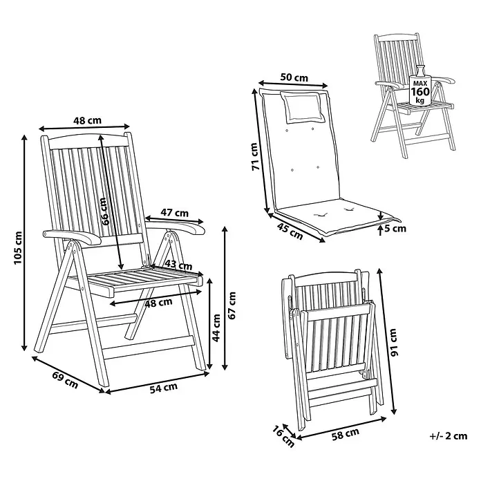 12er-Set Gartenstuhl JAVA in Braun/Blau -  - Klappbarer Gartenstuhl aus Holz mit Armlehnen, Maße für Stuhl, Kissen und zusammengeklappten Zustand, max. 160 kg.