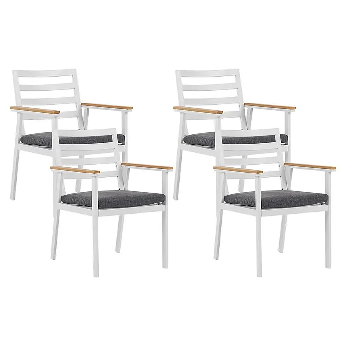 Beliani Gartenstuhl-Set CAVOLI - 4 Stk., Aluminium, Weiß, B x T x H: 54 x 60 x 82 cm - Vier weiße Terrassenstühle mit grauen Kissen und Holzarmlehnen.