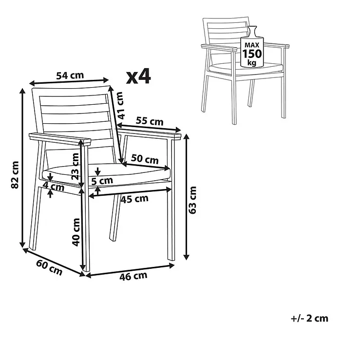 Beliani Gartenstuhl-Set CAVOLI - 4 Stk., Aluminium, Weiß, B x T x H: 54 x 60 x 82 cm - Technische Zeichnung eines Stuhls mit Maßen (82x60x60 cm) und 150 kg Max.-Last, im 4er-Set verkauft.